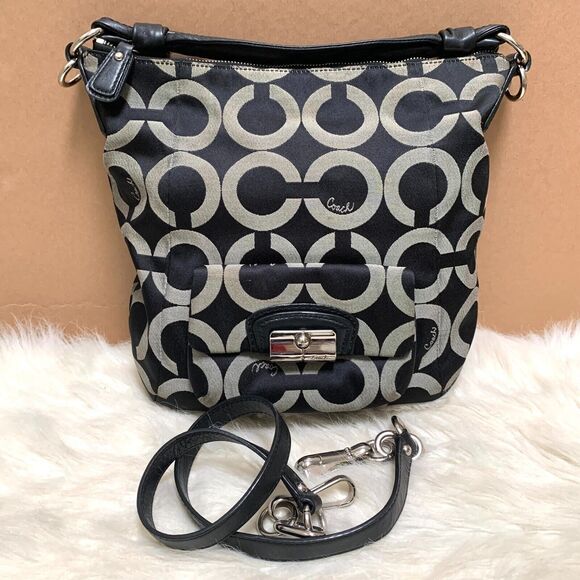 COACH Black/White Sateen OP ART Signature KRISTIN Convertible Hobo XBody 14753 - Picture 1 of 13